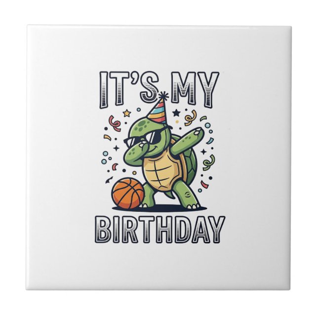 Birthday Turtle Basketball Party Vector Design_1 Tile (Front)