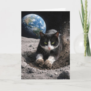 Birthday Tuxedo Cat Digging a Moon Crater Card