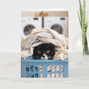 Birthday Tuxedo Cat Hiding in Laundry Basket Card