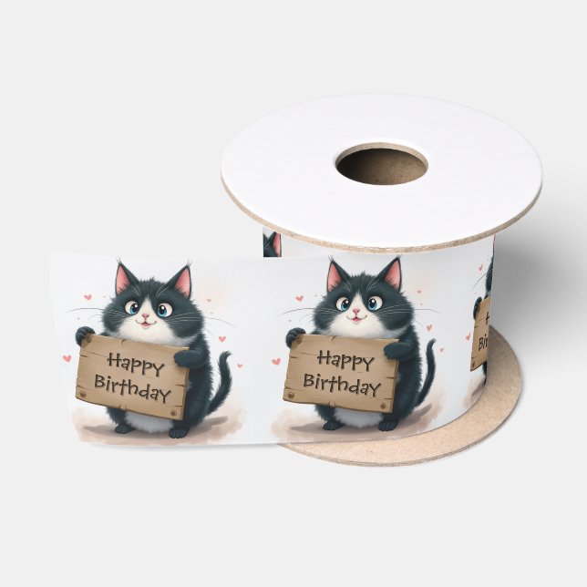 Birthday Tuxedo Cat With Pink Hearts Satin Ribbon (Spool)