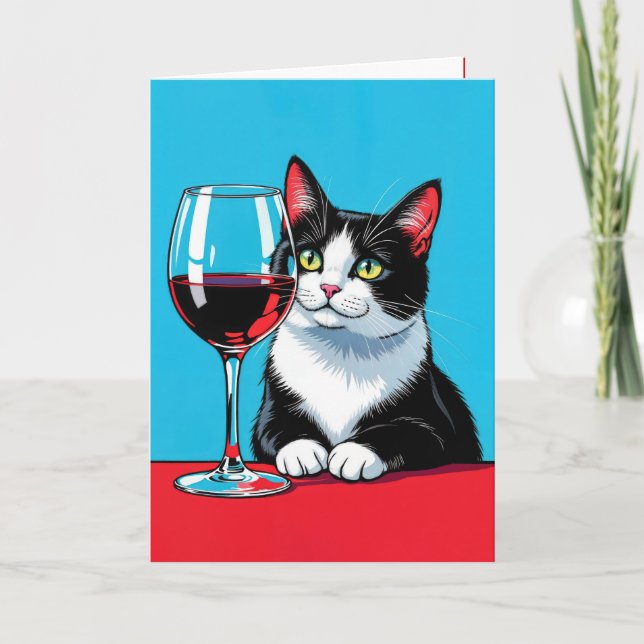 Birthday Tuxedo Cat With Red Wine Card (Front)