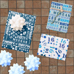 Birthday Typography Blue Any Age Add Kids Name Wrapping Paper Sheet<br><div class="desc">Design your own wrapping paper with name in this cute birthday blue and white typography design for any age where you can easily add your kid's name and age. Created for boys or girls and children or adults of any age, this word cloud style personalized birthday wrapping paper assortment is...</div>