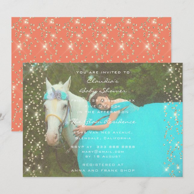Birthday Unicorn Party Photo Gold Confetti Coral Invitation (Front/Back)