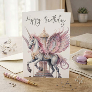 Birthday Unicorn Pegasus Carousel Horse Pink Card