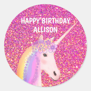 Birthday Unicorn Pink Glitter Glam Personalized Classic Round Sticker