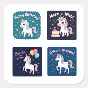 Birthday Unicorn Vector Collage – Cute Magical Uni Square Sticker