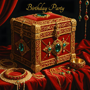 Birthday Vintage Gold Red blue Jewel Box Invitation