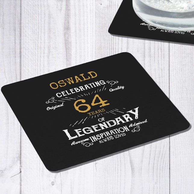 Birthday Vintage Square Paper Coaster (Personalized vintage style birthday paper coaster in black and gold. )
