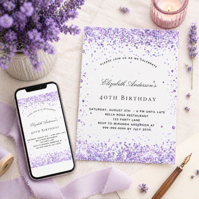 Birthday violet lavender glitter script elegant invitation (Creator Uploaded)