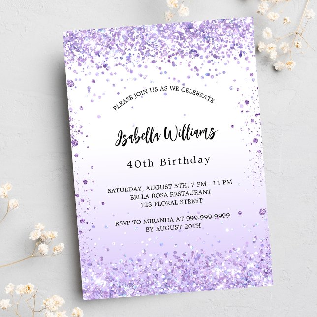 Birthday violet lavender sparkles script invitation postcard (Creator Uploaded)