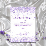 Birthday violet white glitter thank you card<br><div class="desc">A feminine and elegant birthday thank you card. A chic white background. With purple, faux glitter dust. Large hand lettered script and the text: Thank You. Personalize and add Your thank you note and name. The name is written with a modern hand lettered style script with swashes. To keep the...</div>