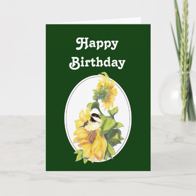 Birthday Watercolor Chickadee and Sunflower Card (Front)