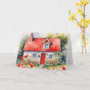 Birthday Watercolor Cottage With Poppies Card