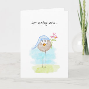 Birthday Watercolor Cute Little Bird with Flowers Holiday Card