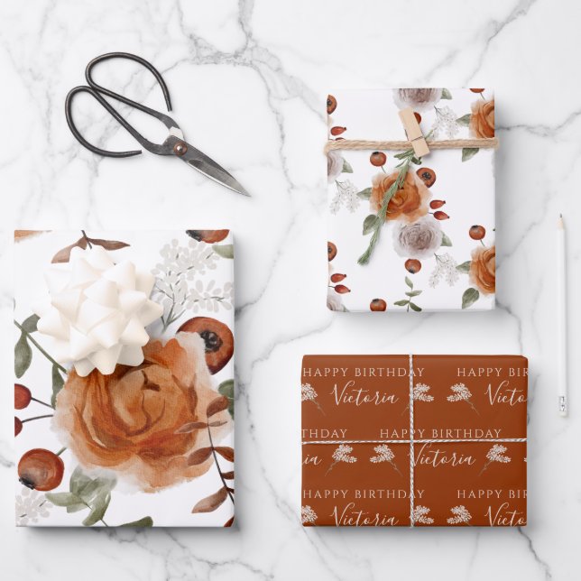 Birthday Watercolor Floral Wrapping Paper Sheets (Front)