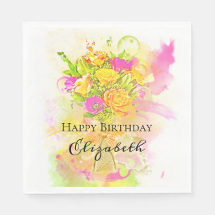 Birthday Watercolor Flower Bouquet Napkin