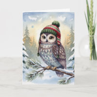 Birthday Watercolor Owl In Winter Hat