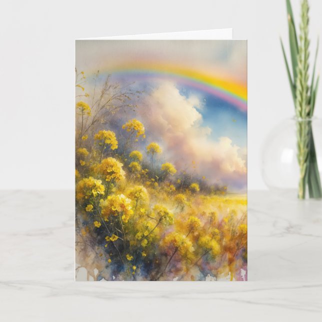 Birthday Watercolor Rainbow Over Wildflower Meadow Card (Front)