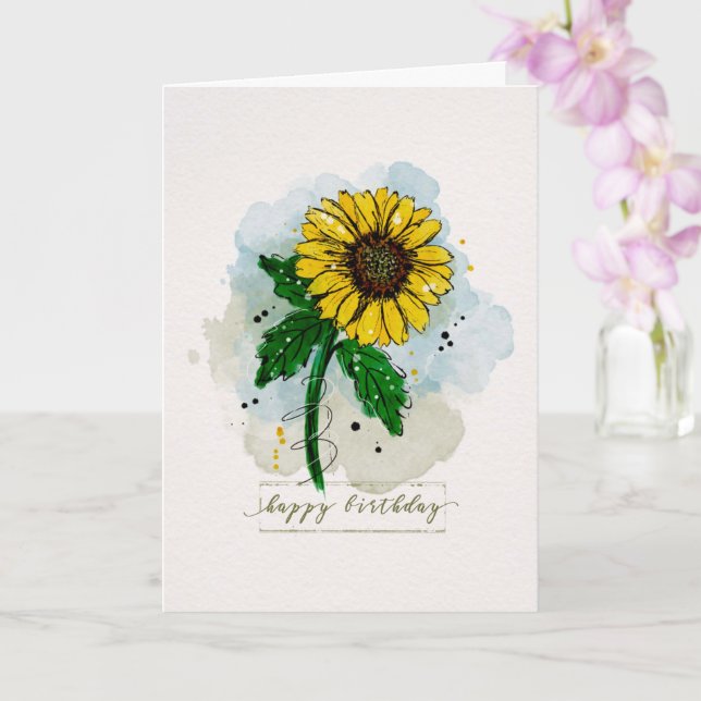 Birthday Watercolor Sketchy Doodle Sunflower Card (Orchid)