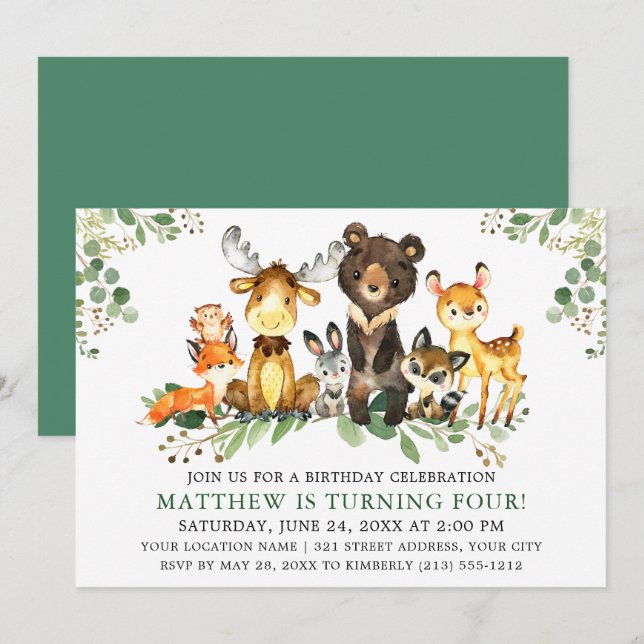 Birthday Watercolor Woodland Animals Invitation (Front/Back)