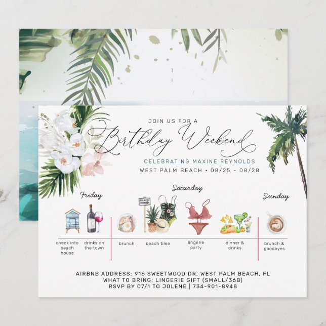 Birthday Weekend Itinerary | Palm Beach Invitation (Front/Back)