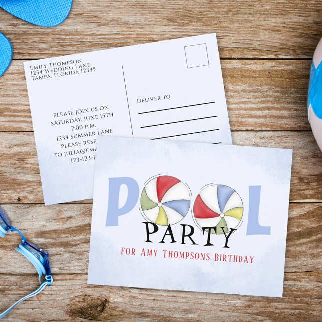 Birthday Whimsical Summer Pool Party Beach Balls Postcard (Creator Uploaded)