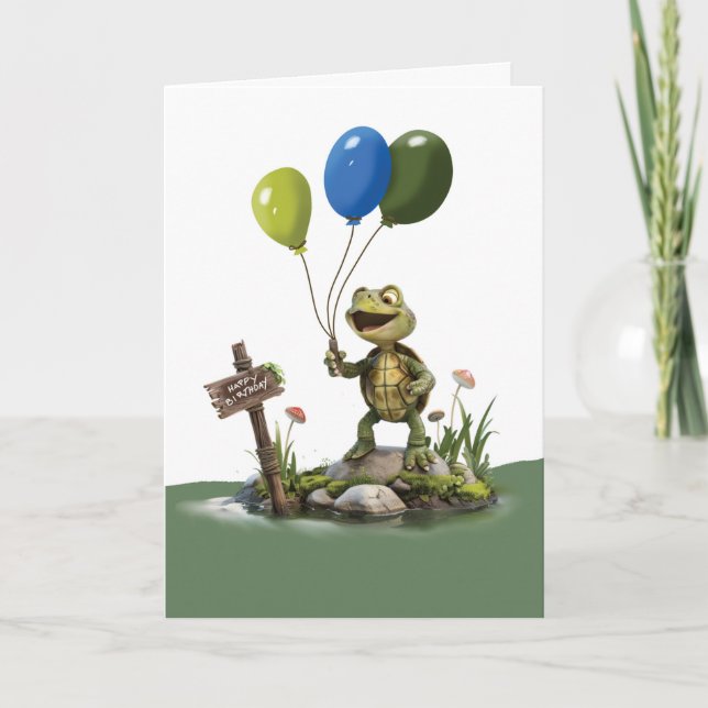 Birthday Whimsical Turtle Holding Balloons Card (Front)