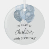 Birthday white blue balloons name glass ornament (Front)