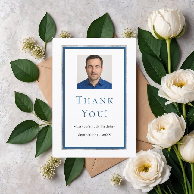 Birthday white blue photo thank you card (Creator Uploaded)