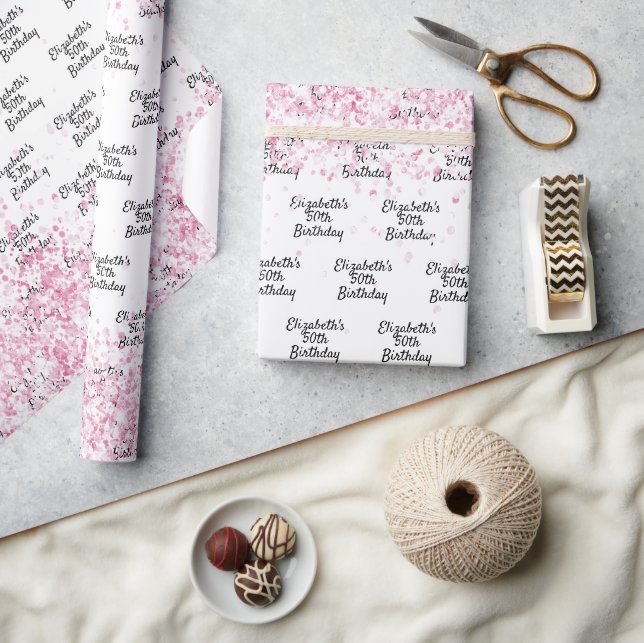 Birthday white blush pink glitter name wrapping paper (Crafts)