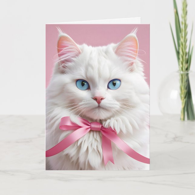 Birthday White Cat With Bow Card (Front)