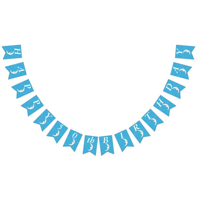 Birthday White Crescent Moon With Face Stars Aqua Bunting Flags (All)
