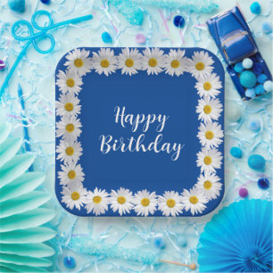 Birthday White Daisy Border On Blue Paper Plate