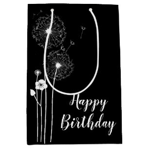Birthday White Dandelions on Black Medium Gift Bag