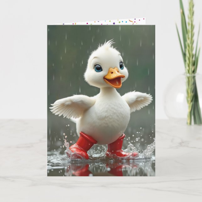 Birthday White Duckling In a Rain Puddle  Card (Front)