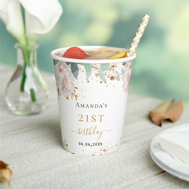 Birthday white floral eucalyptus glitter monogram paper cups (Insitu)