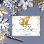 Birthday white gold balloons save the date<br><div class="desc">A chic white background decorated with faux gold glitter and balloons.  Personalize and add a date and name/age. The text: Save the Date is written with a large trendy hand lettered style script.</div>