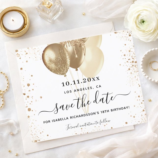 Birthday white gold balloons save the date flyer (Creator Uploaded)