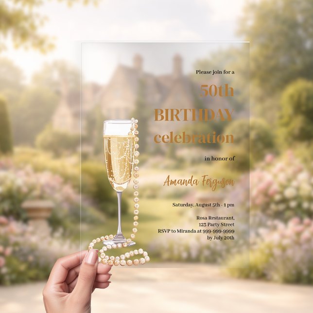 Birthday white gold bubbly wine pearls clear acrylic invitations (Creator Uploaded)