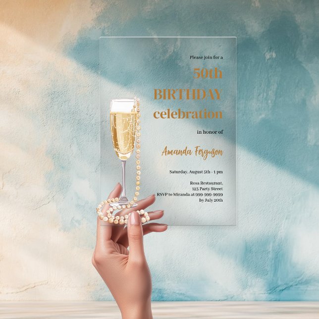 Birthday white gold bubbly wine pearls clear acrylic invitations (Creator Uploaded)