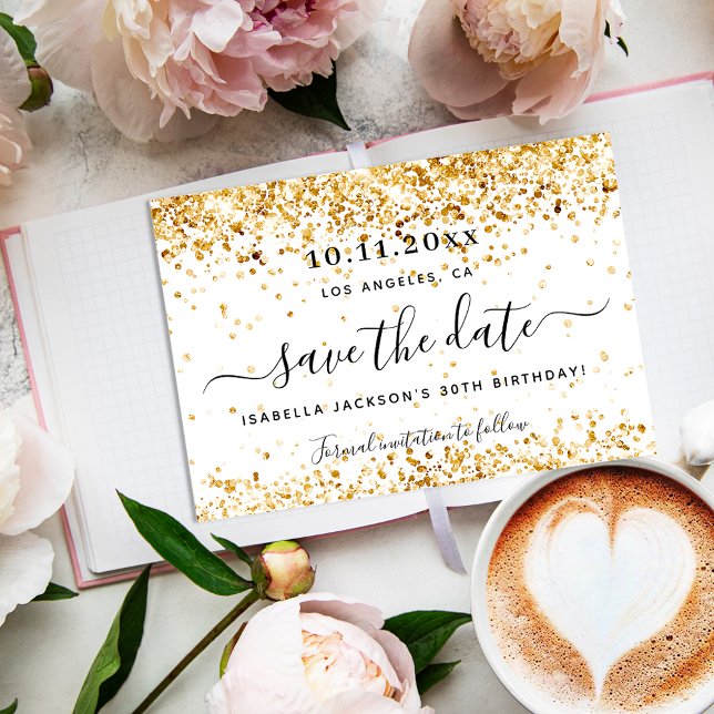 Birthday white gold elegant Save The Date Announcement Postcard (Creator Uploaded)