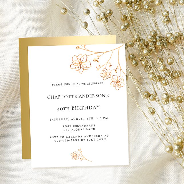Birthday white gold floral budget invitation (Creator Uploaded)