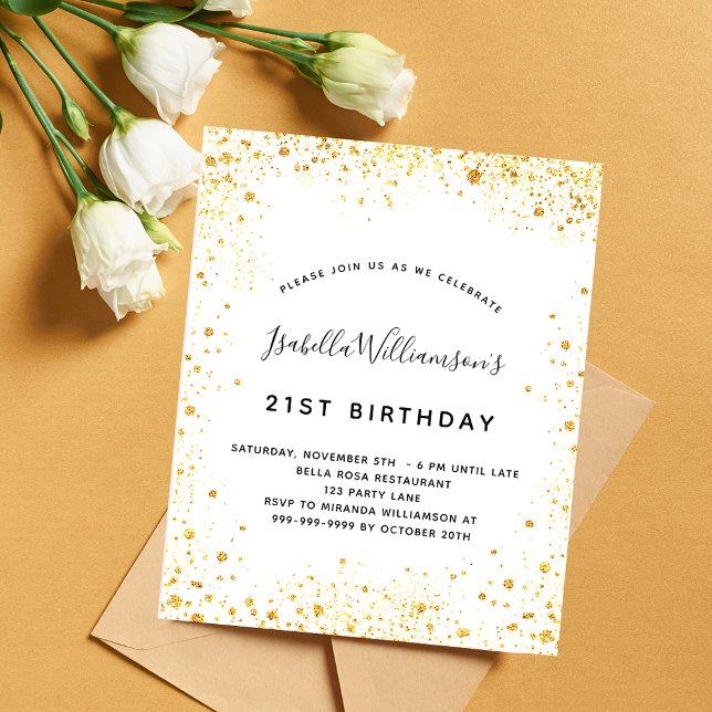 Birthday white gold glitter budget invitation flyer (Creator Uploaded)