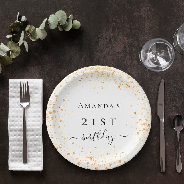 Birthday white gold glitter dust photo name paper plate (Creator Uploaded)