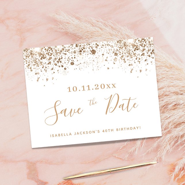 Birthday white gold glitter dust save the date announcement postcard (Creator Uploaded)