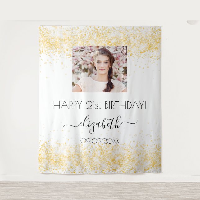 Birthday white gold glitter photo name welcome  tapestry (Front)