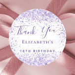 Birthday white lavender name thank you  classic round sticker<br><div class="desc">A chic white background. Decorated with violet,  lavender coloured confetti.  Personalize and add a name and age.</div>