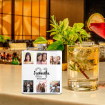 Birthday  white monogram photo collage friends hip flask<br><div class="desc">A gift for a 21st (or any age) birthday, celebrating her life with a collage of 6 of your photos of her, her friends, family, interest or pets. Personalize and add her name, age 21 and a date. Black text. A chic, classic white background colour. Her name is written with...</div>