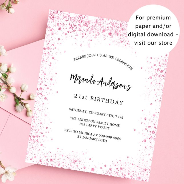 Birthday white pink glitter chic budget invitation flyer (Creator Uploaded)