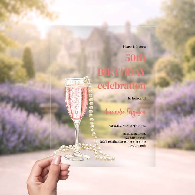 Birthday white pink sparkling wine pearls clear acrylic invitations (Creator Uploaded)
